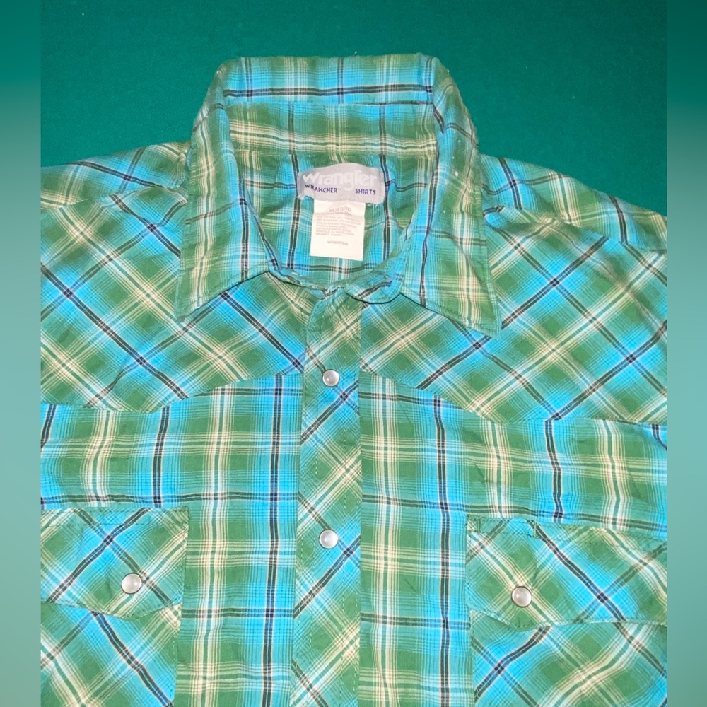 Wrangler Wrancher Pearl Snap Button Up Shirt Blue… - image 3